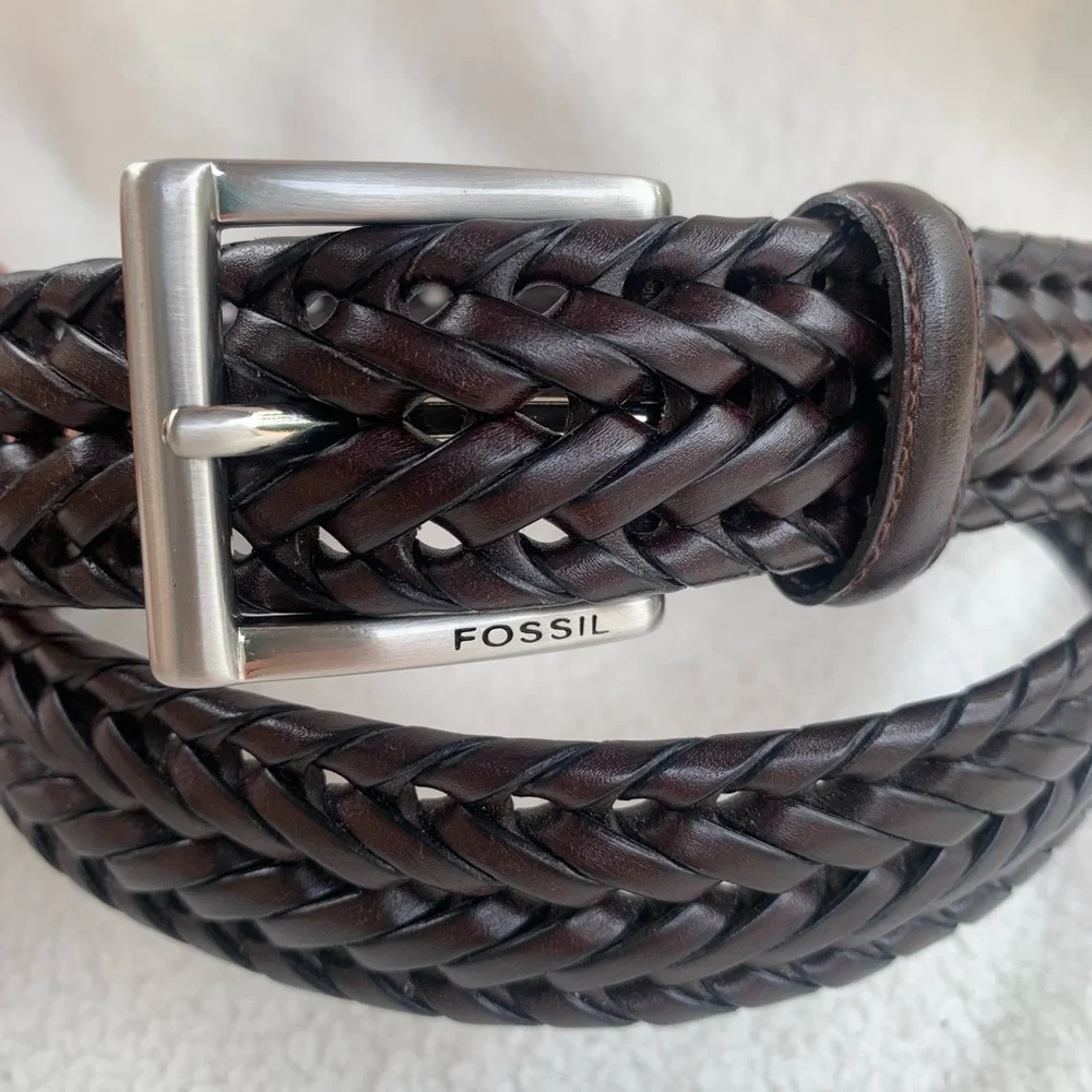 Fossil Myles Dark Brown Braided Leather Belt with Brushed Nickel Buckle 40